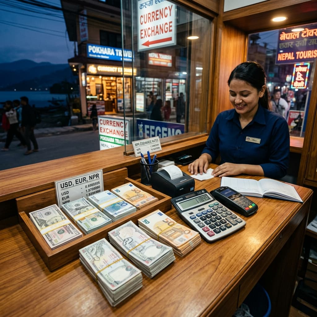 Cash exchange counter inside Pokhara money changer office